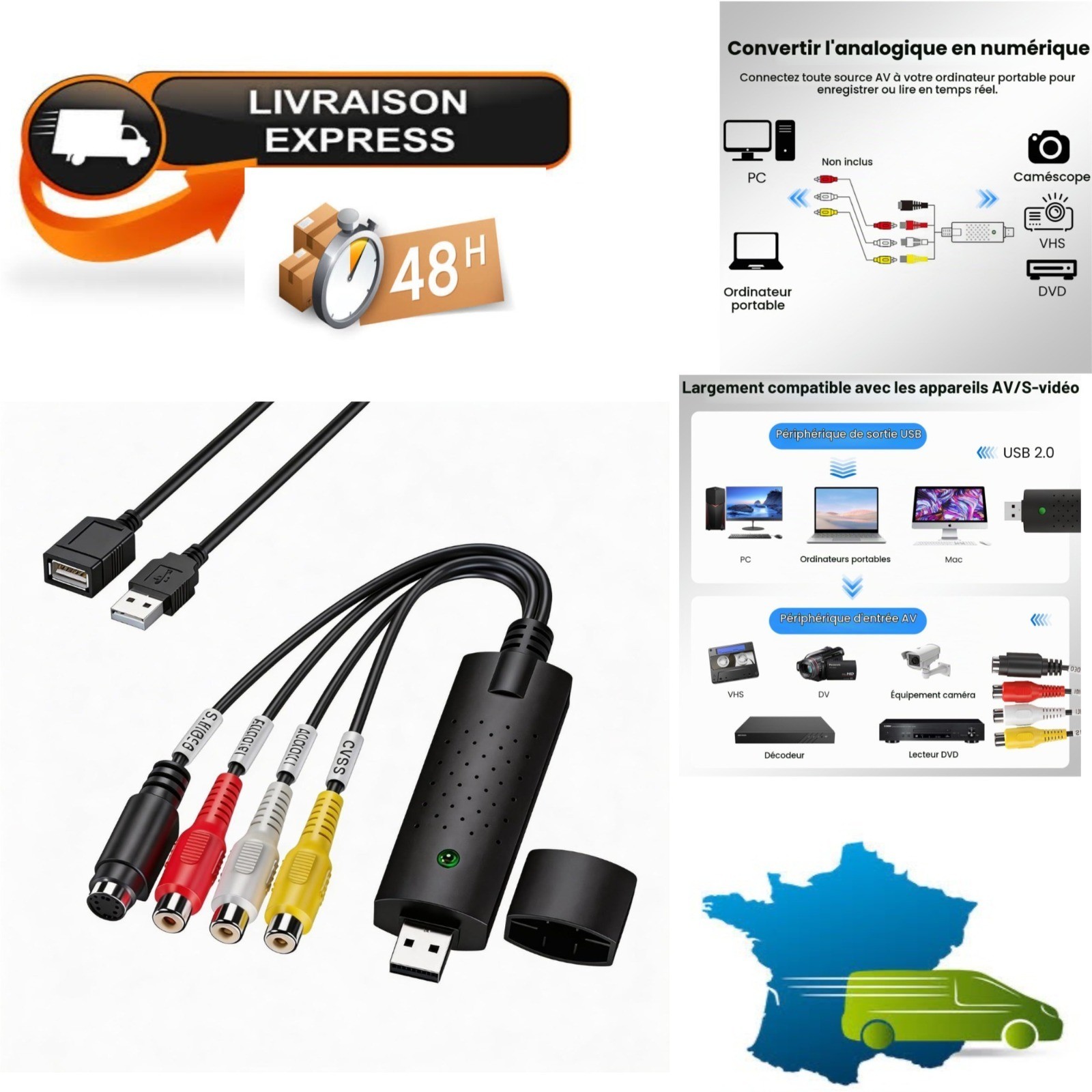 Convertisseur VHS vers Numerique USB Carte Capture Video RCA